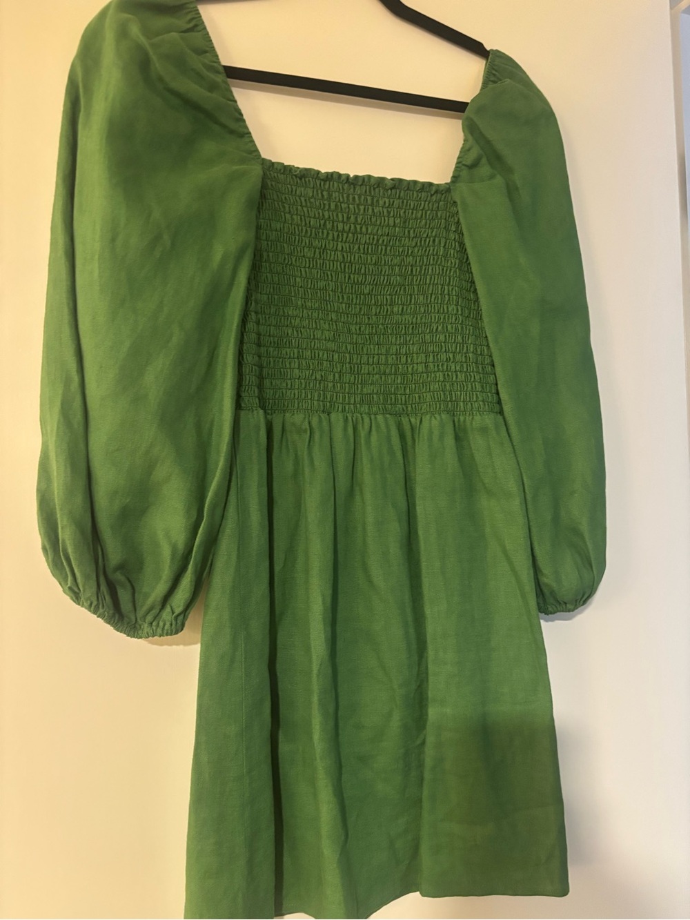 Reformation Green Puff-Sleeve Smocked Dress